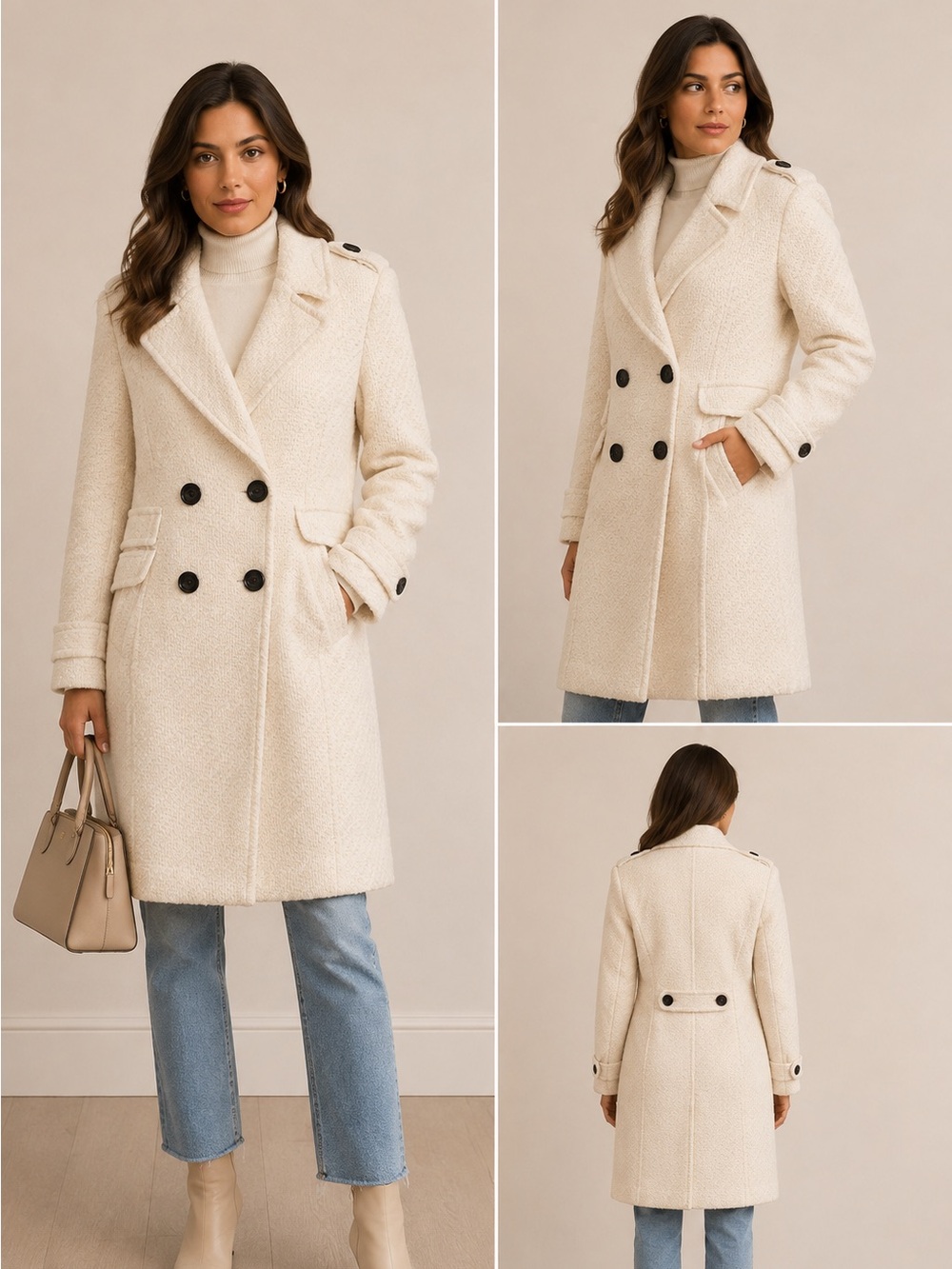 Mango Elegant Cream Double-Breasted Women's Coat